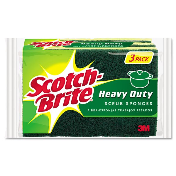 Scotch-Brite Heavy-Duty Scrub Sponge, 4 1/2 x 2 7/10 x 3/5 Green/Yellow, PK3 HD-3